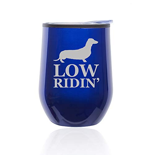 Stemless Wine Tumbler Coffee Travel Mug Glass With Lid Low Ridin' Dachshund (Blue)