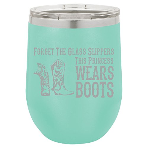 12 oz Double Wall Vacuum Insulated Stainless Steel Stemless Wine Tumbler Glass Coffee Travel Mug With Lid Princess Wears Boots Cowgirl (Teal)