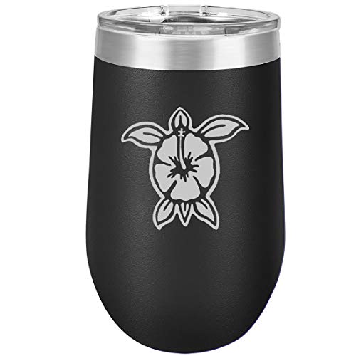 16 oz Double Wall Vacuum Insulated Stainless Steel Stemless Wine Tumbler Glass Coffee Travel Mug With Lid Hibiscus Turtle