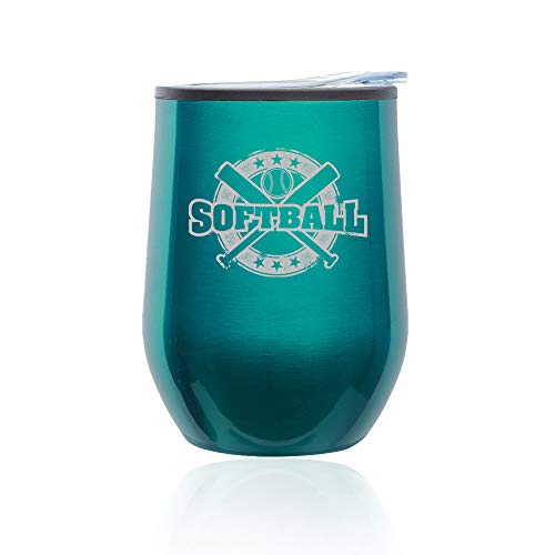 Stemless Wine Tumbler Coffee Travel Mug Glass With Lid Softball Vintage (Turquoise Teal)