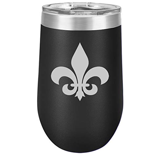 16 oz Double Wall Vacuum Insulated Stainless Steel Stemless Wine Tumbler Glass Coffee Travel Mug With Lid Fleur-De-Lis (Black)