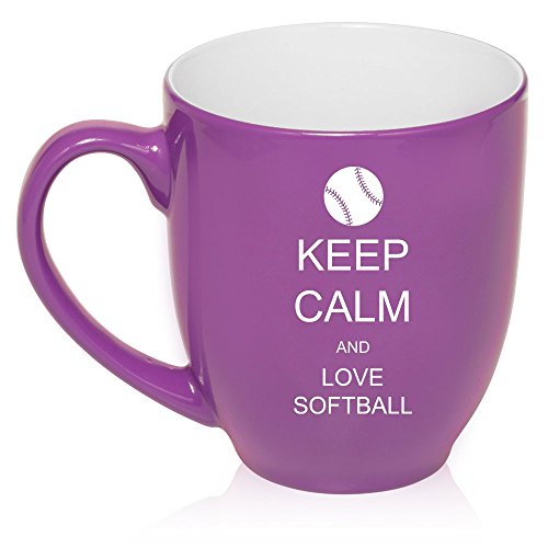 16 oz Large Bistro Mug Ceramic Coffee Tea Glass Cup Keep Calm and Love Softball (Purple)