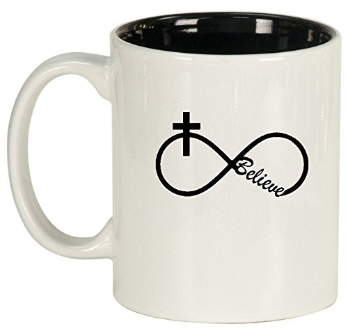 Ceramic Coffee Tea Mug Cup Infinity Believe Cross Christian (White)