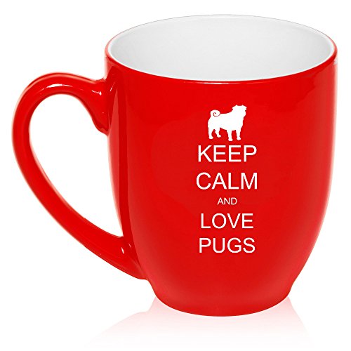 16 oz Large Bistro Mug Ceramic Coffee Tea Glass Cup Keep Calm And Love Pugs (Red)