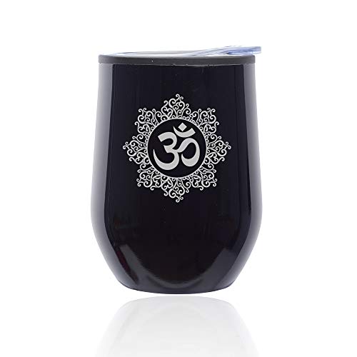 Stemless Wine Tumbler Coffee Travel Mug Glass With Lid Yoga Floral (Midnight Black)