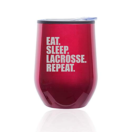 Stemless Wine Tumbler Coffee Travel Mug Glass With Lid Eat Sleep Lacrosse Repeat (Fuchsia)