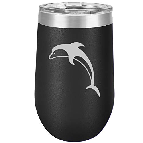 16 oz Double Wall Vacuum Insulated Stainless Steel Stemless Wine Tumbler Glass Coffee Travel Mug With Lid Dolphin (Black)