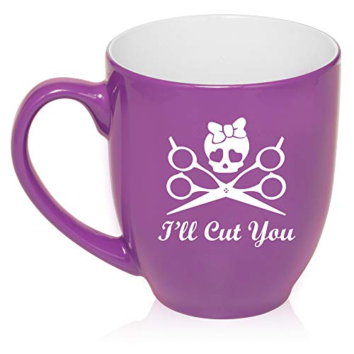 16 oz Large Bistro Mug Ceramic Coffee Tea Glass Cup I'll Cut You Hair Dresser Stylist (Purple)