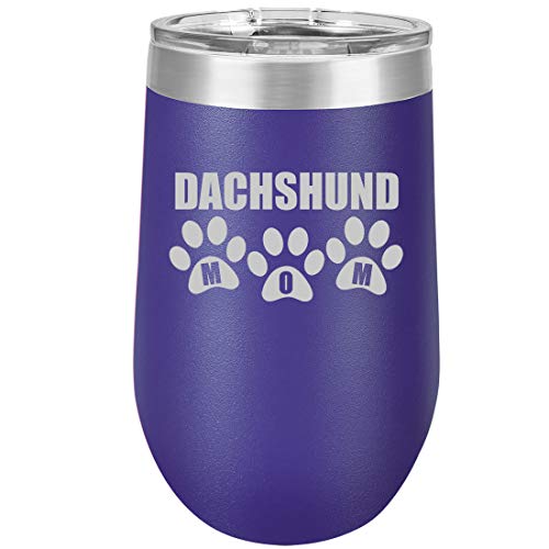 16 oz Double Wall Vacuum Insulated Stainless Steel Stemless Wine Tumbler Glass Coffee Travel Mug With Lid Dachshund Mom (Purple)