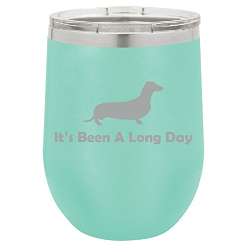 12 oz Double Wall Vacuum Insulated Stainless Steel Stemless Wine Tumbler Glass Coffee Travel Mug With Lid It's Been A Long Day Dachshund (Teal)