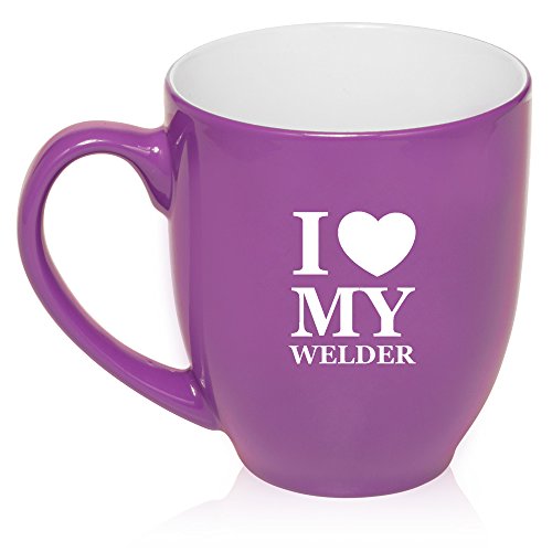 16 oz Large Bistro Mug Ceramic Coffee Tea Glass Cup I Heart Love My Welder (Purple)