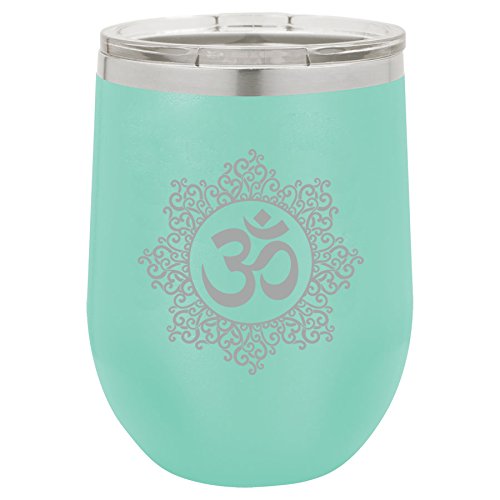 12 oz Double Wall Vacuum Insulated Stainless Steel Stemless Wine Tumbler Glass Coffee Travel Mug With Lid Yoga Floral (Teal)
