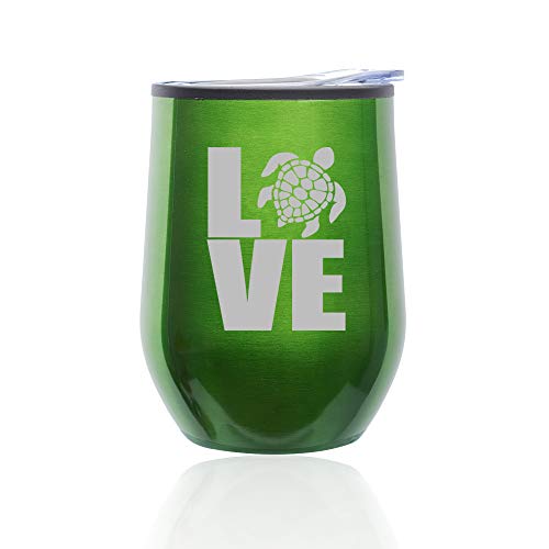 Stemless Wine Tumbler Coffee Travel Mug Glass With Lid Love Sea Turtle (Green)