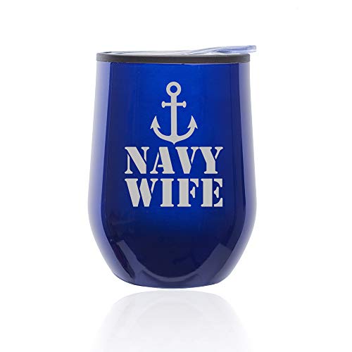 Stemless Wine Tumbler Coffee Travel Mug Glass With Lid Navy Wife (Blue)