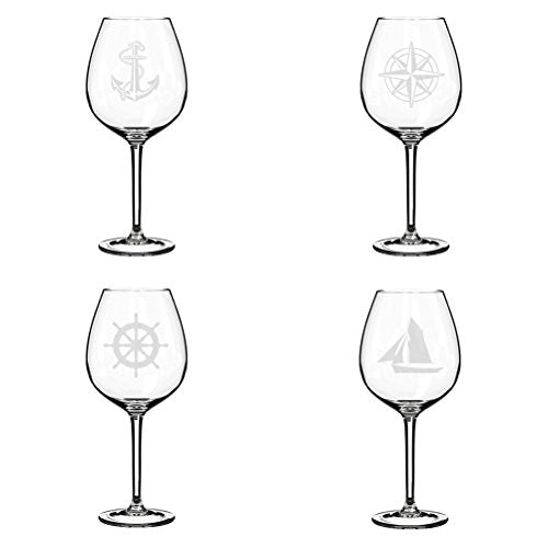 Set of 4 Wine Glass Goblet Anchor Boat Compass Nautical Collection (20 oz Jumbo)