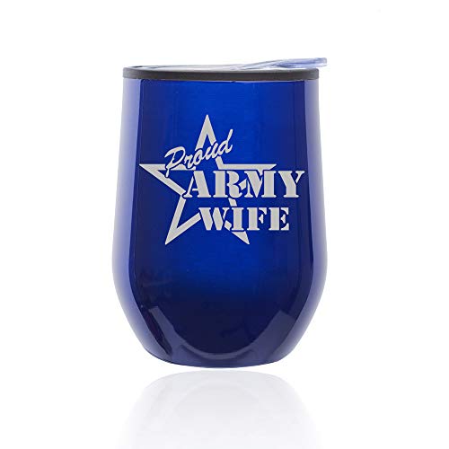 Stemless Wine Tumbler Coffee Travel Mug Glass With Lid Proud Army Wife (Blue)