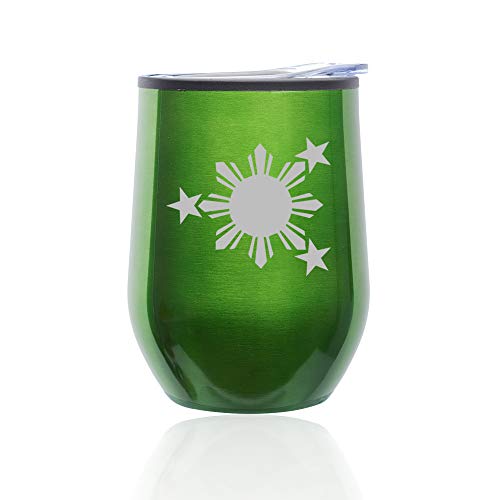 Stemless Wine Tumbler Coffee Travel Mug Glass With Lid Philippines Stars And Sun (Green)