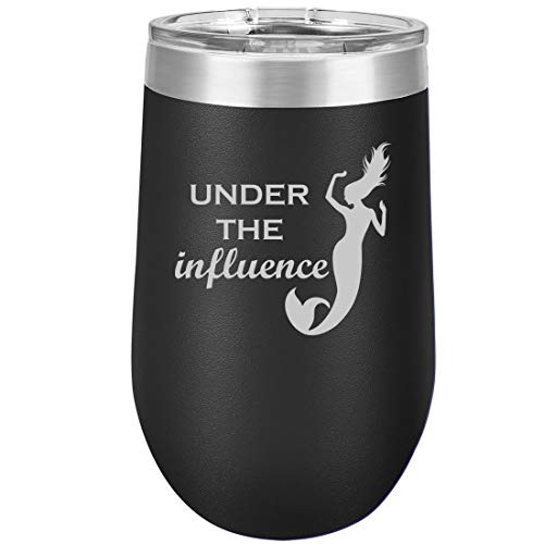 16 oz Double Wall Vacuum Insulated Stainless Steel Stemless Wine Tumbler Glass Coffee Travel Mug With Lid Under The Influence Mermaid Funny (Black)