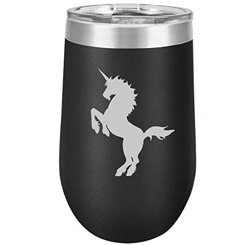 16 oz Double Wall Vacuum Insulated Stainless Steel Stemless Wine Tumbler Glass Coffee Travel Mug With Lid Unicorn (Black)