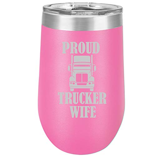 16 oz Double Wall Vacuum Insulated Stainless Steel Stemless Wine Tumbler Glass Coffee Travel Mug With Lid Proud Trucker Wife (Hot Pink)