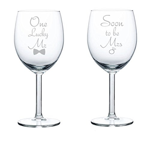 Set of 2 Wine Glasses Wedding Engagement Soon to be Mrs. One Lucky Mr. (10 oz)