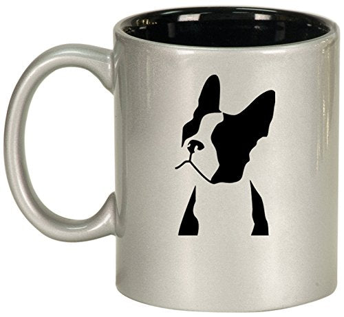 Ceramic Coffee Tea Mug Cup Boston Terrier Face (Silver)
