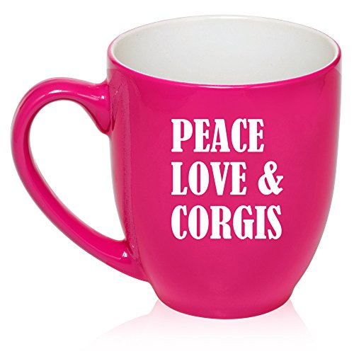 16 oz Large Bistro Mug Ceramic Coffee Tea Glass Cup Peace Love & Corgis (Hot Pink)