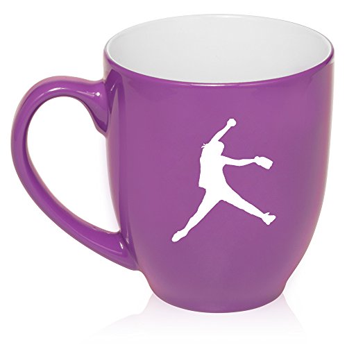 16 oz Large Bistro Mug Ceramic Coffee Tea Glass Cup Female Softball Pitcher (Purple)