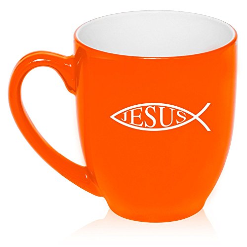 16 oz Large Bistro Mug Ceramic Coffee Tea Glass Cup Jesus Fish (Orange)