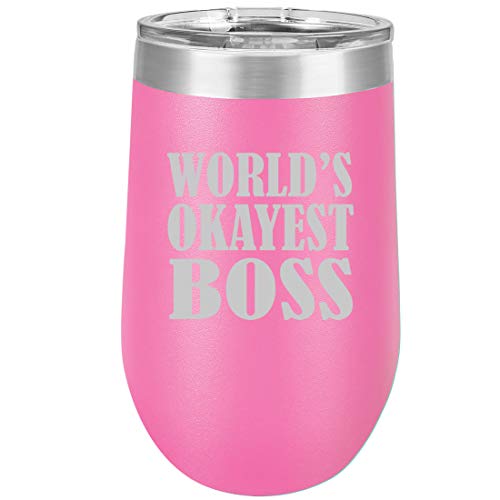 16 oz Double Wall Vacuum Insulated Stainless Steel Stemless Wine Tumbler Glass Coffee Travel Mug With Lid World's Okayest Boss (Hot Pink)