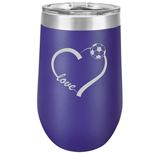16 oz Double Wall Vacuum Insulated Stainless Steel Stemless Wine Tumbler Glass Coffee Travel Mug With Lid Love Heart Soccer (Purple)