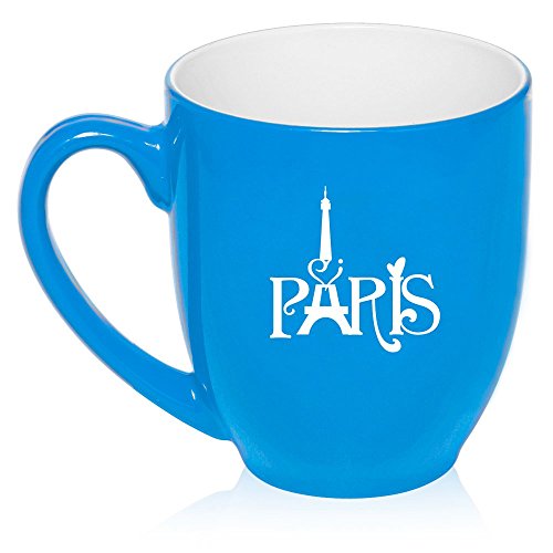16 oz Large Bistro Mug Ceramic Coffee Tea Glass Cup Paris Eiffel Tower Heart Love (Light Blue)
