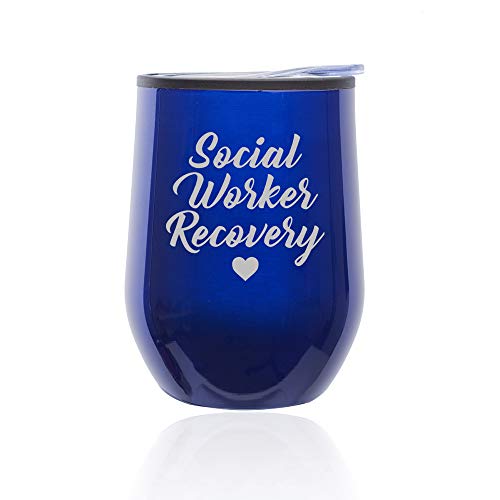 Stemless Wine Tumbler Coffee Travel Mug Glass With Lid Social Worker Recovery (Blue)