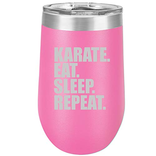16 oz Double Wall Vacuum Insulated Stainless Steel Stemless Wine Tumbler Glass Coffee Travel Mug With Lid Karate Eat Sleep Repeat (Hot Pink)