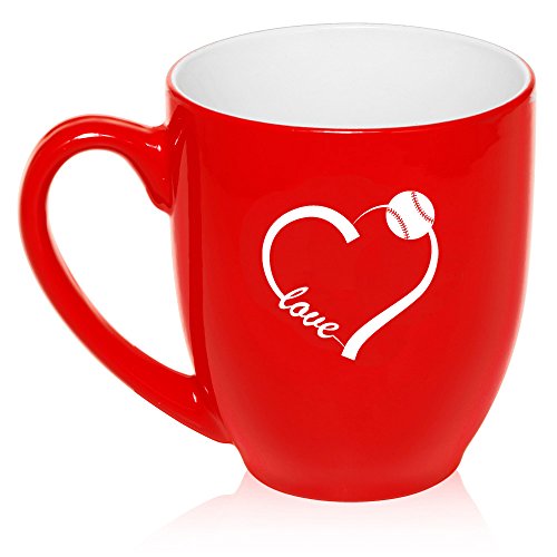 16 oz Large Bistro Mug Ceramic Coffee Tea Glass Cup Love Heart Baseball Softball (Red)