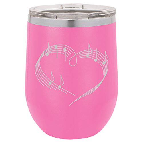 12 oz Double Wall Vacuum Insulated Stainless Steel Stemless Wine Tumbler Glass Coffee Travel Mug With Lid Heart Love Music Notes (Hot-Pink)