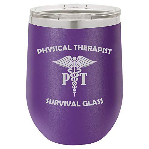MIP Brand 12 oz Double Wall Vacuum Insulated Stainless Steel Stemless Wine Tumbler Glass Coffee Travel Mug with Lid Physical Therapist PT Survival Glass Funny (Purple)