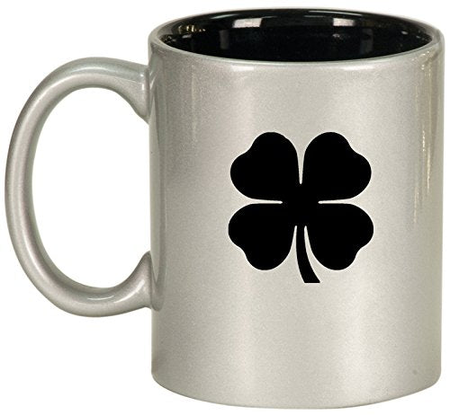 Ceramic Coffee Tea Mug Cup 4 Leaf Clover Shamrock (Silver)