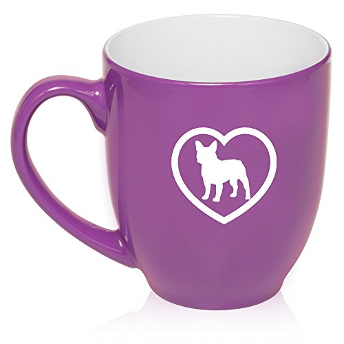 16 oz Large Bistro Mug Ceramic Coffee Tea Glass Cup French Bulldog Heart (Purple)