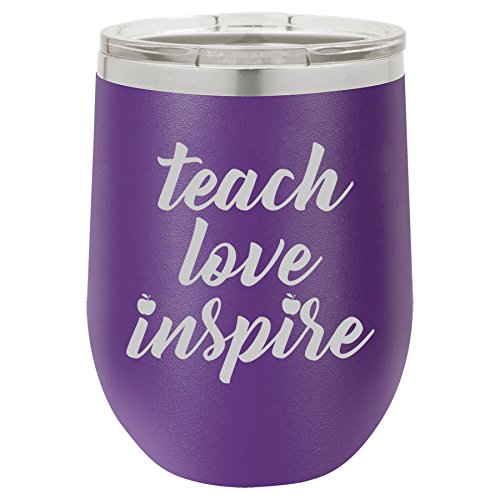 12 oz Double Wall Vacuum Insulated Stainless Steel Stemless Wine Tumbler Glass Coffee Travel Mug With Lid Teach Love Inspire Teacher (Purple)