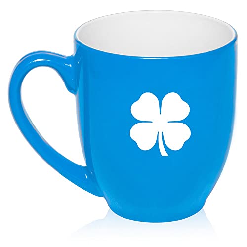 16 oz Large Bistro Mug Ceramic Coffee Tea Glass Cup Four Leaf Clover Shamrock (Light Blue),MIP