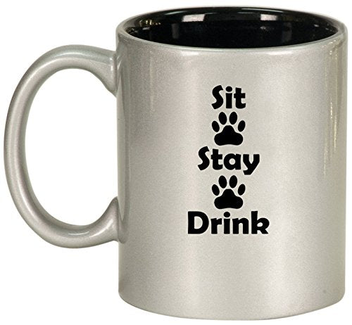 Ceramic Coffee Tea Mug Cup Sit Stay Drink Funny Paw Prints Dog Cat Animal Lover (Silver)