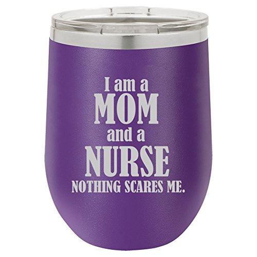 12 oz Double Wall Vacuum Insulated Stainless Steel Stemless Wine Tumbler Glass Coffee Travel Mug With Lid Nurse Mom (Purple)