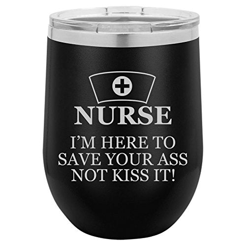 12 oz Double Wall Vacuum Insulated Stainless Steel Stemless Wine Tumbler Glass Coffee Travel Mug With Lid Nurse Here To Save You (Black)