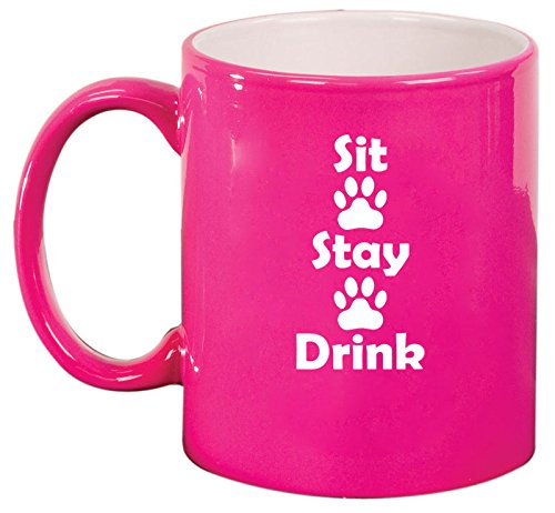 Ceramic Coffee Tea Mug Cup Sit Stay Drink Funny Paw Prints Dog Cat Animal Lover (Pink)