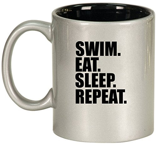 Ceramic Coffee Tea Mug Cup Swim Eat Sleep Repeat (Silver)
