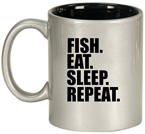 Ceramic Coffee Tea Mug Cup Fish Eat Sleep Repeat (Silver)