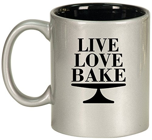 Ceramic Coffee Tea Mug Cup Live Love Bake (Silver)