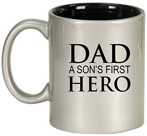 Ceramic Coffee Tea Mug Cup Dad A Son's First Hero Father (Silver)