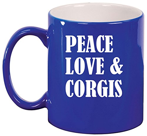 Ceramic Coffee Tea Mug Cup Peace Love & Corgis (Blue)